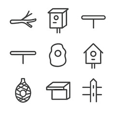 Fototapeta premium Roost Structures Icons. Outline icon set of roost structures: tree branch, nest box, wooden perch, metal rod, natural cavity,