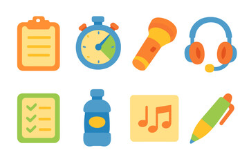 Children's Show Prep Icons. Flat vector mini-illustrations showtime preparation in colors children's