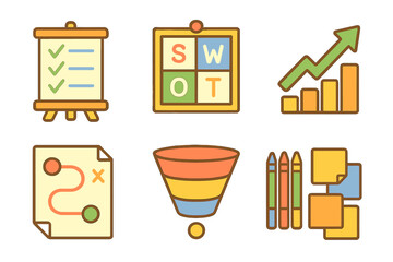 Children's Strategy Tools. Flat vector mini-illustrations marketing strategy tools in colors children's