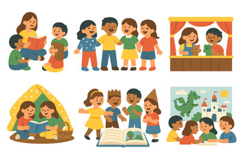 Children's Storytime Icons. Flat vector mini-illustrations of group story adventures in colors children's