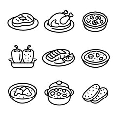 Savory Dishes Icons. Outline icon set of savory dishes: grilled steak, roasted chicken, vegetable quiche, stuffed peppers, baked