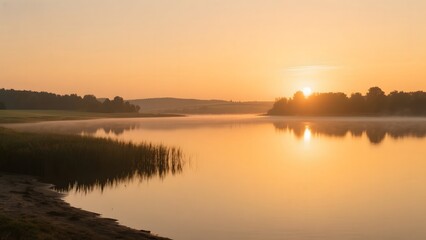 Golden Sunset Over a Calm Lake with Silhouetted Trees and Reflections
