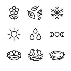 Seasonal Nesting Icons. Outline icon set of nesting seasons: spring flowers, falling leaves, snowflake, sun rays, raindrops, moon