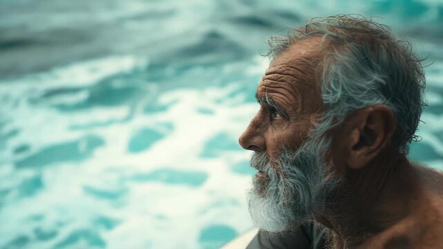 An old man with a beard looking out to sea, reflecting on life or perhaps the vastness of the ocean.