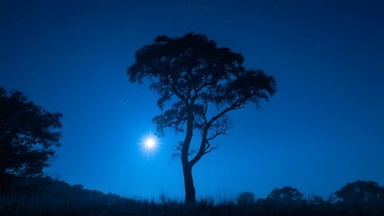 Silhouette of a tree against a starry night sky with a bright moon