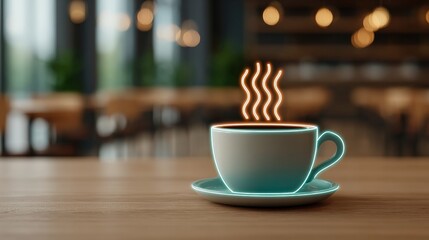 Fototapeta premium Glowing Holographic Coffee Cup with Rising Steam in Cafe