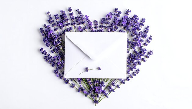 White envelope centered in a heart of lavender sprigs on white background