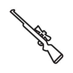 Hunting sniper rifle with scope, outline vector icon illustration.
