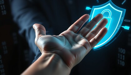 Open hand reaching towards glowing digital shield with padlock and binary code security