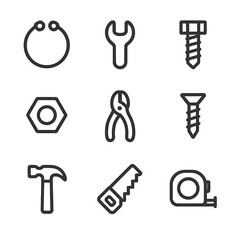 Snap Tool Icons. Outline icon set of snap in tools: snap ring, snap-on wrench, bolt, nut, pliers, screw, hammer, saw, tape measure