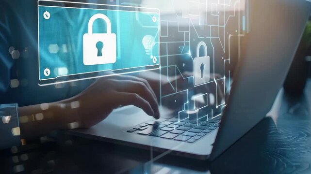 of cybersecurity and data encryption concepts, featuring a user working on a laptop with secure connections and digital protection symbols.