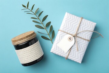 A wrapped gift and a jar with a plant on a blue background