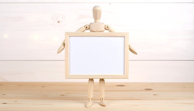 Wooden mannequin holding a blank rectangular frame against a light wood background