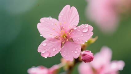 Delicate Pink Flower with Dew Drops in a Softly Lit Garden