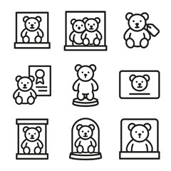 Teddy Bear Icon Set. Outline icon set of teddy bear collections: display shelf, collector&rsquo;s case, limited edition, tag,