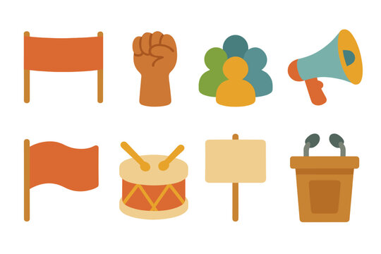 Colorful Children's Rally Icons. Flat vector mini-illustrations political rallies in colors children's