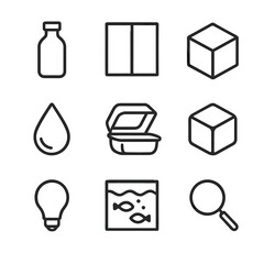 Transparent Objects Icons. Outline icon set of transparent objects: glass bottle, window pane, clear cube, water droplet, plastic