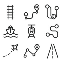 Fototapeta premium Transportation Route Icons. Outline icon set of transportation routes: train track, bus route, metro line, ferry path, tramway