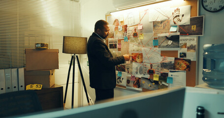 Detective, man and board with info of evidence for case, investigation and criminal lead at police...