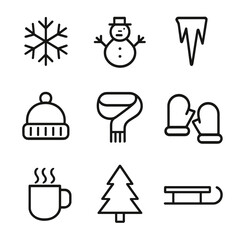Winter Icon Set. Outline icon set of winter season: snowflake, snowman, icicle, winter hat, scarf, mittens, hot drink, pine tree,