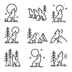 Fototapeta premium Wild Howl Icons. Outline icon set of howl in wilderness: night howl, wolves in the wild, forest at night, mountain cry, camping