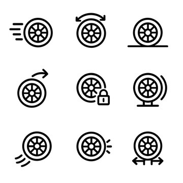 Wheel Icon Set. Outline icon set of wheel movement: rolling wheel, spinning wheel, sliding wheel, turning wheel, locked wheel,