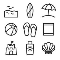 Fototapeta premium Beach Icon Collection. Outline icon set of beaches: sand, surfboard, umbrella, beach ball, flip flops, towel, sandcastle,