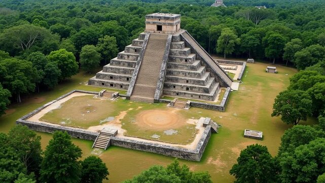 Aerial view of Chichen Itza, Mexico, showcasing El Castillo pyramid and ancient Mayan ball court within lush jungle surroundings, 4k video footage