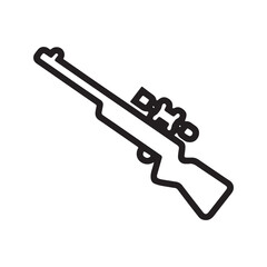 Hunting sniper rifle with scope, outline vector icon illustration.
