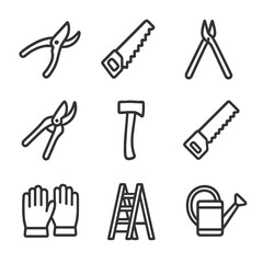 Branch Tool Icons. Outline icon set of branch related tools: pruning shears, saw, loppers, secateurs, axe, handsaw, gardening