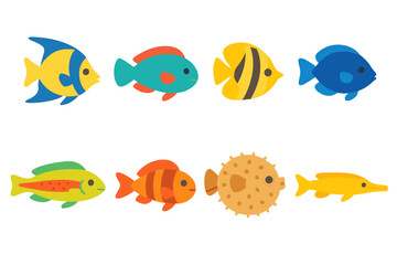 Fototapeta premium Colorful Reef Fish. Flat vector mini-illustrations Colorful reef fish in colors children's illustrations: