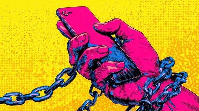 Tech Entrapment:  A vibrant graphic depicts a hand, clutching a smartphone and bound by chains, symbolizing the pervasive grasp of technology in contemporary life.  