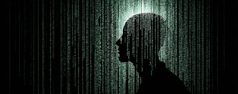 Futuristic robot head silhouette filled with digital binary code, technology background, copyspace