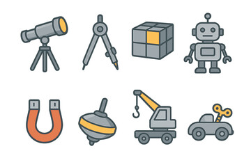 Colorful Alloy Inventions. Flat vector mini-illustrations alloy inventions in colors children's illustrations: alloy telescope,