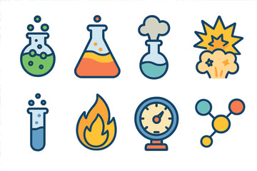 Fototapeta premium Colorful Chemistry Icons. Flat vector mini-illustrations chemical reactions in colors children's illustrations: bubbling liquid,