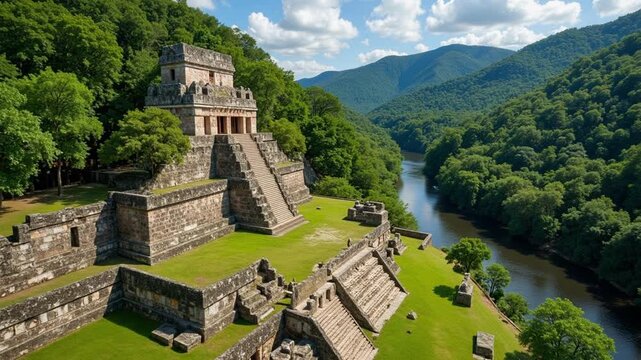 Stunning aerial footage of Copan Honduras Mayan ruins nestled in a lush green river valley with ancient sculpted stelae and acropolis, 4k video.