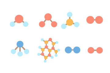 Colorful Molecule Icons. Flat vector mini-illustrations molecule types in colors children's illustrations: water molecule, carbon
