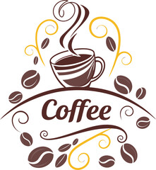 Obraz premium Steaming cup of coffee surrounded by coffee beans and decorative swirls emblematic of a coffee shop logo Art & Illustration