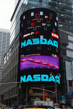 Time Square showing NASDAQ board, New York, USA, United States of America