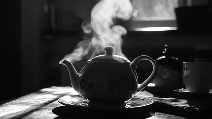 A vintage black and white of a traditional tea set. A teapot, teacup and saucer are featured on the table, ready for serving. - Powered by Adobe
