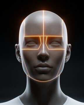 Artificial intelligence face with glowing geometric lines, technology atmosphere, copyspace illustration