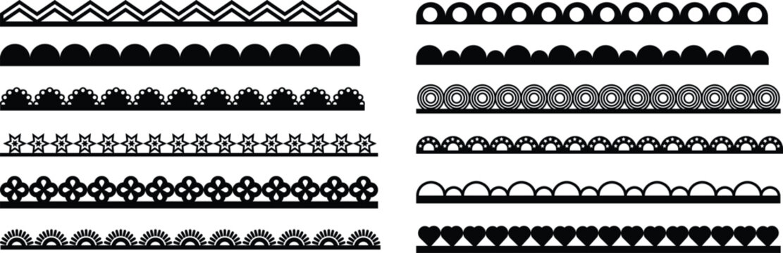 Scallop edge lace border icons set in flat and line styles. Collection and group of decorative trim, embroidery, crochet, textile, sewing, fashion, fabric and craft design lace borders.