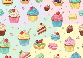 Seamless cupcake pattern with cute desserts and sweets