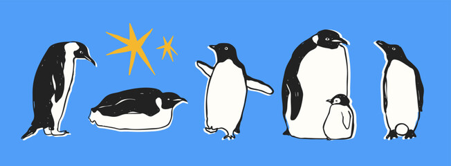 Set of king imperial penguins in different poses. Adult birds and chick. Standing, lying down, walking penguins. Cute adorable birds. Hand drawn modern Vector illustration. Isolated design elements © Dariia