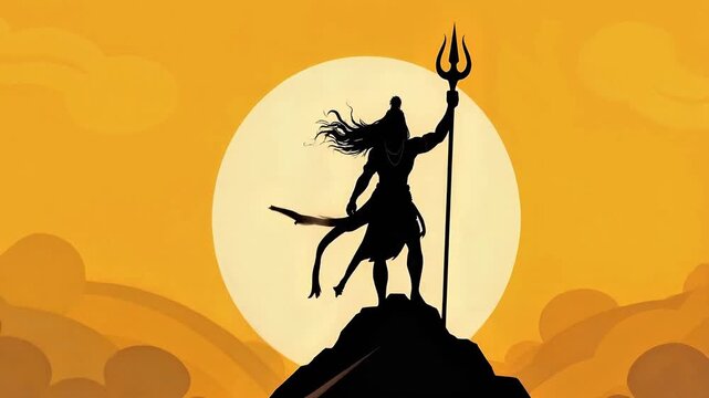 Hindu God Lord Shiva standing powerfully on mountain, holding his Trishula at sunset. Symbolizing divine power, Hindu religious faith and the festival of Maha Shivaratri. Spirituality, worship, India