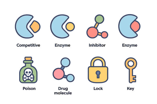 Enzyme Inhibitor Icons. Flat vector mini-illustrations enzyme inhibitors in colors children's illustrations: competitive inhibitor