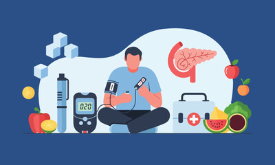 Illustration Of Doctor Monitoring Glucose Level With Fruits And Medical Devices, Suitable For Health Campaigns, Diabetes Prevention, And Education