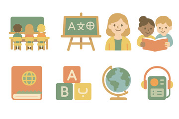 Cultural Classroom Icons. Flat vector mini-illustrations heritage language education in colors children's