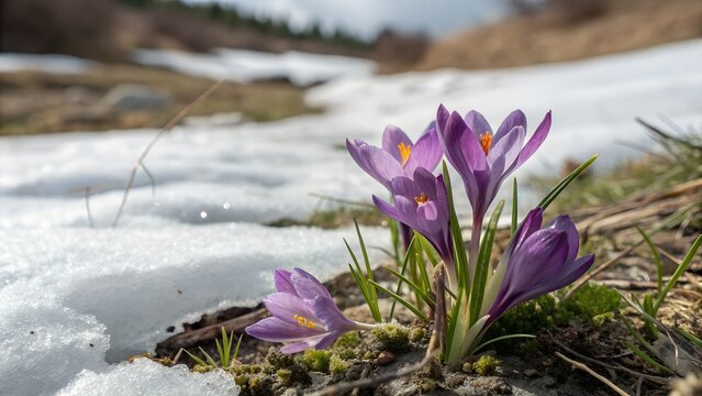 Purple crocuses bloom through melting snow in a mountain landscape