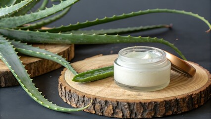 Natural aloe vera gel in a jar with fresh plant leaves